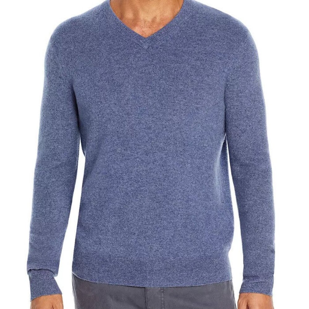 NWT Cremieux Men's Denim Heathe Luxury Cashmere V-Neck Sweater